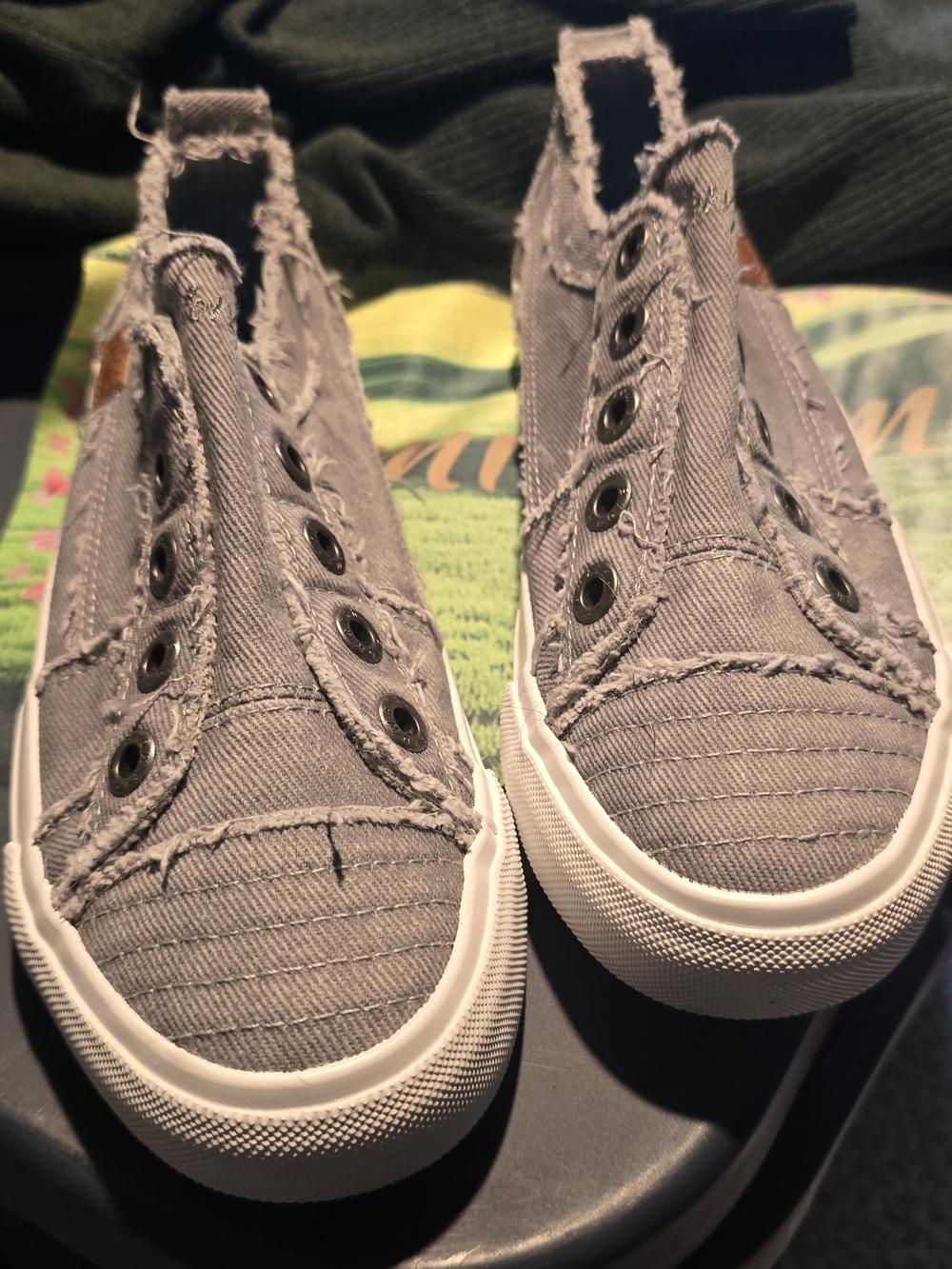 Blowfish Gray Frayed Slip-On Sneakers with Blue Logo
